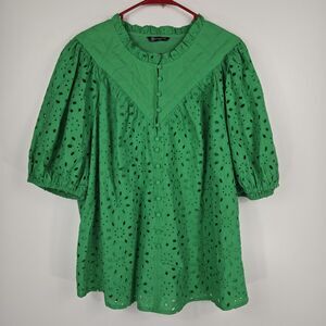 Pretty Garden Women's Size XXL Green Puff Sleeve Eyelet Lace Blouse
